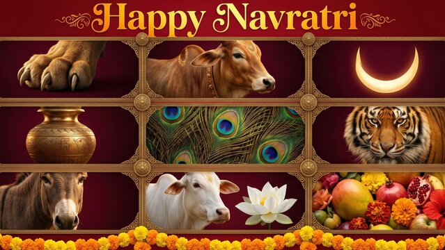 Happy Navratri Navadurga Symbols - Sacred Festival Grid Banner