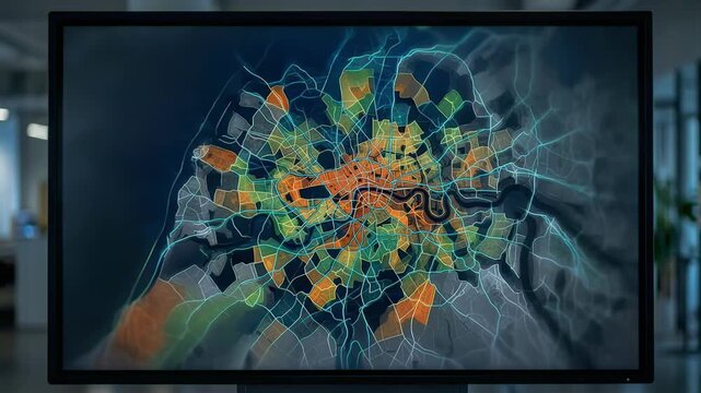 Medium shot of a digital map exhibiting neighborhood variations in healthcare utilization highlighting key sectors and keeping outer zones softly faded.