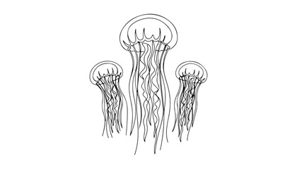 Continuous Simple black line art drawing set of jellyfish in a minimalist style on a white background. © shoshi