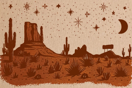 Western tribal vintage style mojave desert night landscape, minimalist style, surreal and mysterious tone. Vector.