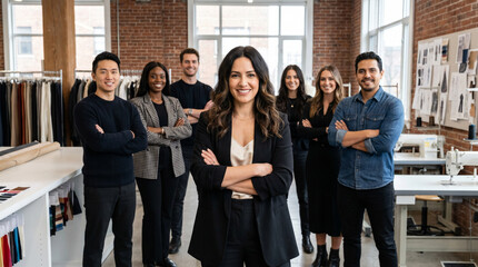 Fototapeta premium Diverse fashion professionals in modern design studio, led by confident female designer, creative team standing together with clothing racks, fabrics, and studio workspace in background.