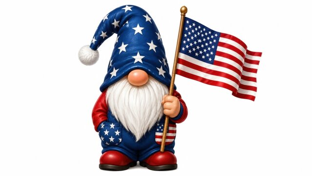 Patriotic garden gnome holding American flag, 4th of July gnome with stars and stripes hat, Independence Day figurine on white background