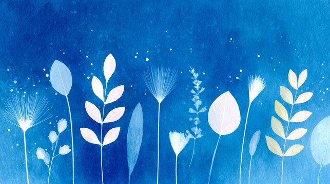 Cyanotype botanical background with plant silhouettes and scatte