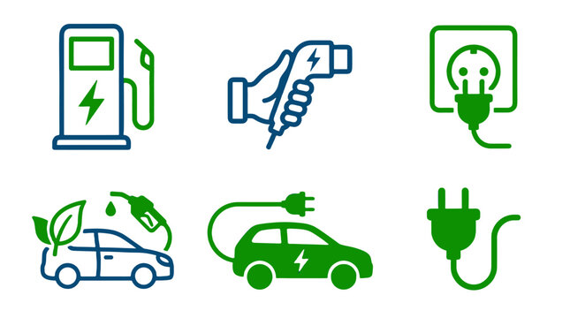Electric vehicle charging and plug icon set in green and blue
