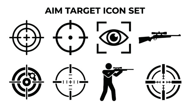 Aim target and crosshair icon set with rifle and shooter
