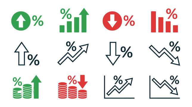 Percentage growth and decline icons set with arrows and charts