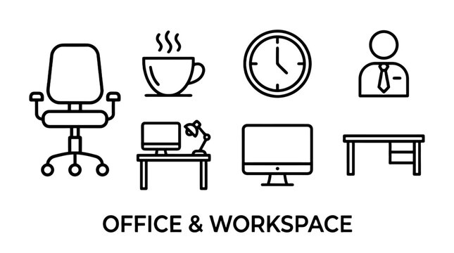 Office and workspace line icon set with desk chair computer