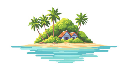 Tropical island paradise with lush palm trees and cozy beach huts vector illustration featuring a tranquil summer holiday scenic landscape graphic © Purnomo Semlirick