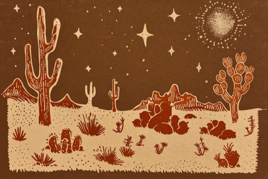 Western tribal vintage style mojave desert night landscape, minimalist style, surreal and mysterious tone. Vector.