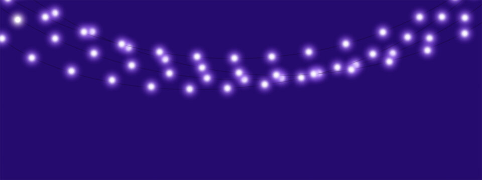Purple glowing fairy light garland isolated on transparent background. Decorative hanging string lights with soft luminous bulbs, ideal for festive, holiday, wedding and celebration designs