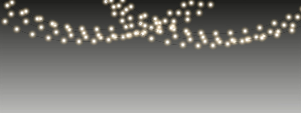 Warm white fairy light garlands isolated on transparent background. Multiple hanging string lights with glowing bulbs, perfect for Christmas, weddings, parties and festive decorations