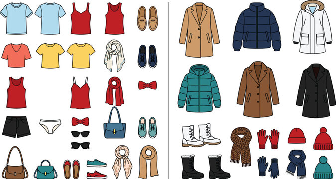 Flat vector illustration of seasonal clothing capsule collection comparing lightweight summer garments with heavy winter outerwear and accessories