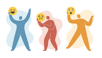 Fototapeta premium Abstract figures holding different emoji masks representing a range of human emotions such as happy, sad, and surprised.