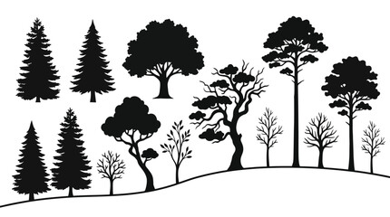 Collection of Black Tree Silhouettes on a Gentle Hill Landscape © matahari