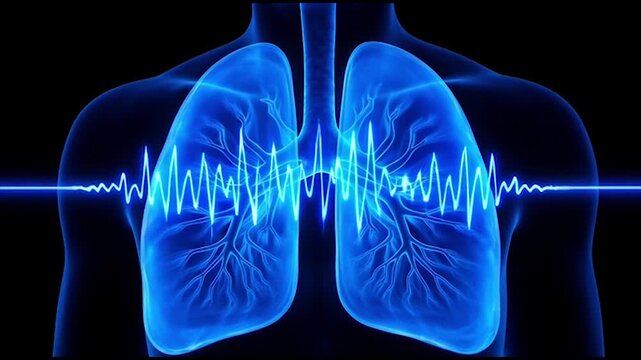 Medical illustration of human lungs with glowing blue respiratory waveforms overlaid on a dark background highlights health monitoring technology.