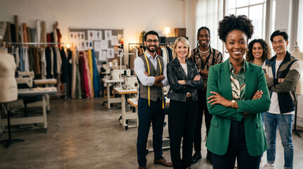 Fototapeta premium Diverse fashion professionals in modern design studio, led by confident female designer, creative team standing together with clothing racks, fabrics, and studio workspace in background.