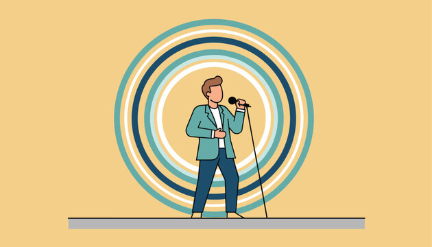 Man in a stylish blazer singing into a microphone on a stage with a vibrant circular pattern background during a musical performance.