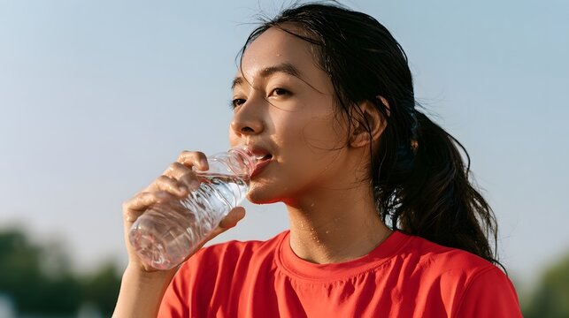 A person is taking a refreshing drink of water from a bottle in bright daylight emphasizing health and hyd n