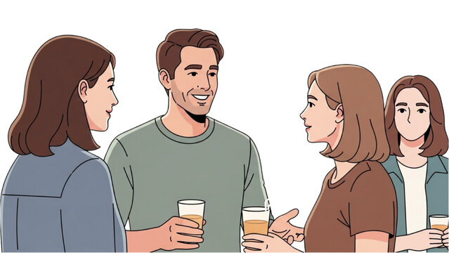 People talking and smiling while holding drinks indoors