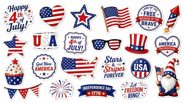 Patriotic 4th of July sticker collection, American Independence Day decorative elements, red white and blue USA holiday graphics set