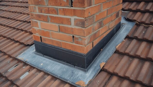Closeup of a brick chimney on a tiled roof with lead flashing the waterproof seal around the chimney base is visible, showing professional roofing work