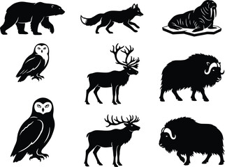 Naklejka premium Arctic Wildlife Animal Silhouette Collection with Polar Bear Fox Owl Caribou and Musk Ox