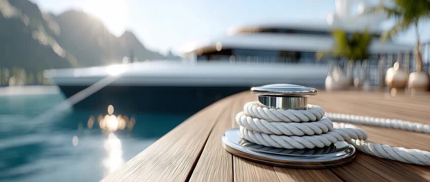 Yacht mooring process at a tropical harbor during sunset with scenic views of mountains and water