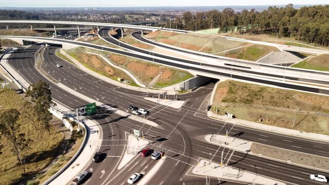 Aerial drone view above the M7 -M12 Interchange at Cecil Hills, Western Sydney, NSW Australia on a sunny morning in June 2026