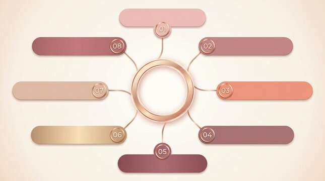 Rose gold infographic template with 8 steps, circular flow chart with metallic banners, elegant business diagram for presentation and data visualization