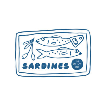 Hand drawn Can of Sardines. Print with vintage illustration for tee, t shirt, canvas, poster.