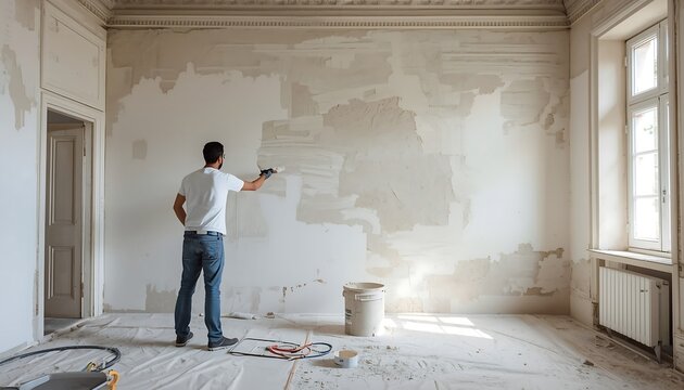 Man plastering and repairing wall during home renovation in old apartment room, applying plaster putty on damaged surface