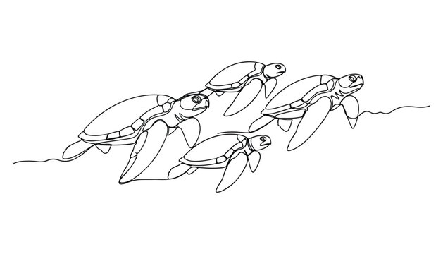 Continuous Simple black line art drawing set of turtle in a minimalist style on a white background.