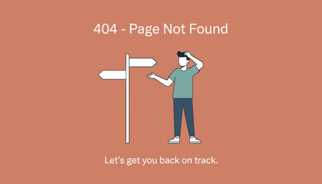 Confused man standing at a crossroads near a signpost during a 404 page not found error on a website interface.