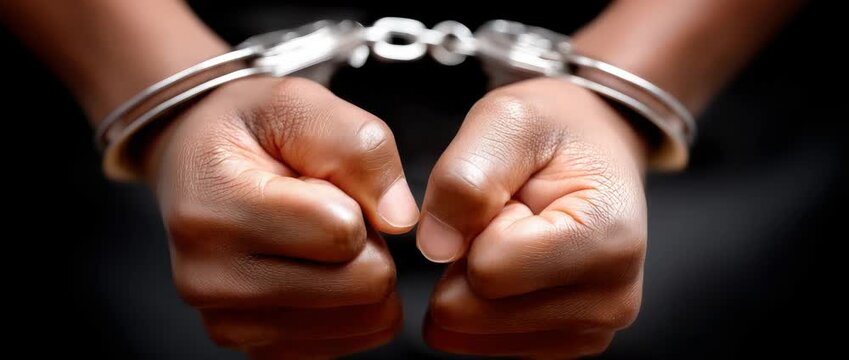 Hands in handcuffs at a police station showing the consequences of behavior on a busy day in the city
