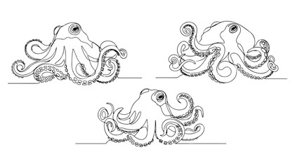 Continuous Simple black line art drawing set of octopus in a minimalist style on a white background. © shoshi
