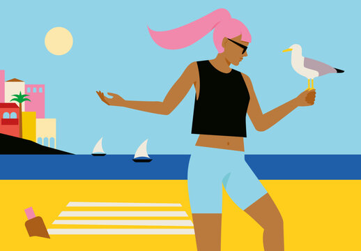 Woman Holding a Seagull on Her Hand at the Beach, Summer Travel Vibes