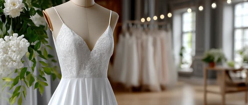 Amazing bridal gown showcase in a dress shop with bright lighting and elegant designs for future brides to explore and enjoy shopping