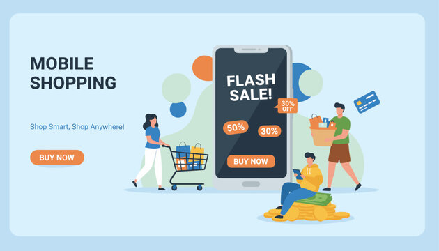 Mobile shopping landing page showing a flash sale on a smartphone with people carrying bags and pushing a cart nearby.