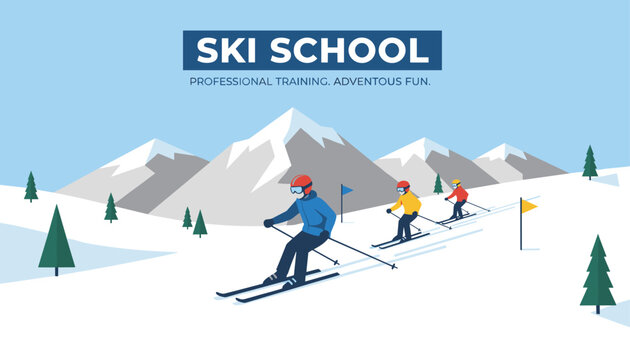 Group of people learning to ski down a snow-covered mountain at a ski school with professional training and adventurous outdoor fun.