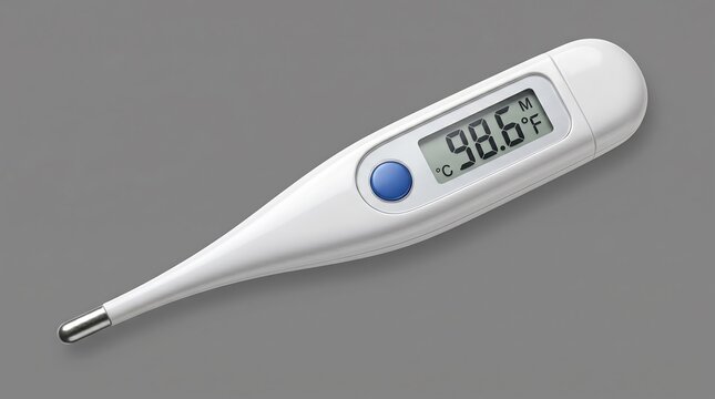 Digital thermometer displaying 98.6&Acirc;&deg;F on a plain gray background.