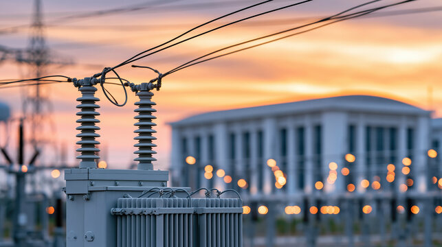Electrical substation power grid transformer at sunset with blurred building and glowing city lights