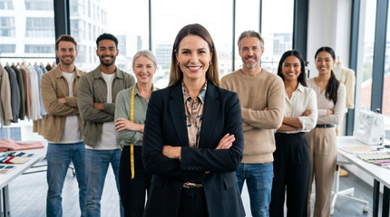 Obraz premium Diverse fashion professionals in modern design studio, led by confident female designer, creative team standing together with clothing racks, fabrics, and studio workspace in background.