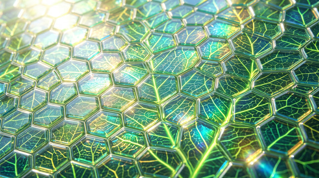 Abstract background of bio solar cell panel surface with natural leaf veins and hexagonal geometric glass structure
