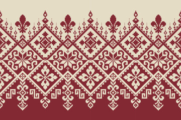 Pixel ethnic border pattern featuring fleur de lis motifs in red and cream tones. Ideal for textile, upholstery, fashion, home decor and surface printing projects. © Narisa