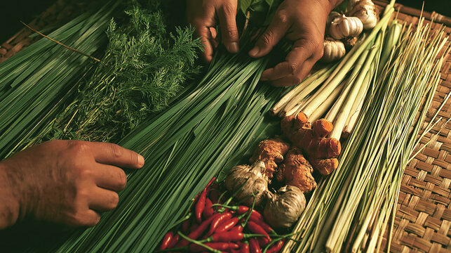 Fresh herb market hand sort herb lemongrass chili pepper ginger garlic basket stall green leaf Asian market spice herb vegetable ingredient fresh