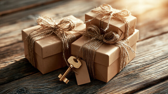 Gift box cardboard box twine key tag brown wrapped gift package present moving box home insurance renter insurance relocation move security