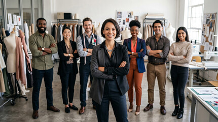 Fototapeta premium Diverse fashion professionals in modern design studio, led by confident female designer, creative team standing together with clothing racks, fabrics, and studio workspace in background.