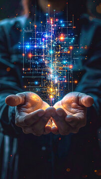 Holographic circuit patterns and glowing digital data float above open hands, symbolizing artificial intelligence, technological innovation, and human connection to the future.