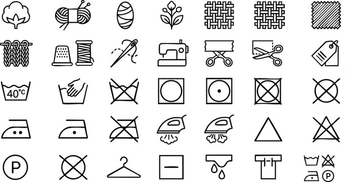 Garment care instructions and textile crafting icons vector collection with clothing bleaching drycleaning