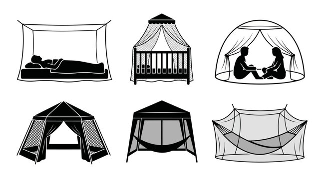 Outdoor shelter sleeping icons set featuring tents hammock mosquito net crib canopy dome camping protection comfort rest silhouette